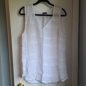 Vince Camuto White 70% Linen Fringed Sleeveless V-neck Women's Top Size L